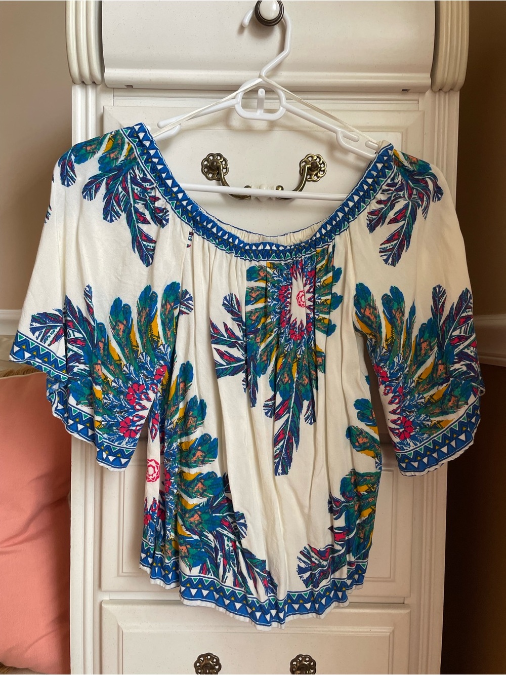 Women’s Off-Shoulder Floral Peasant Beach Top - White with Blue & Teal Print